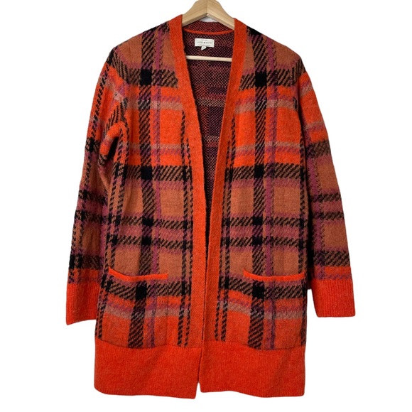 Lucky Brand Wool Blend Open Front Brushed Plaid Oversized Knit Cardigan Sz M - Picture 2 of 14